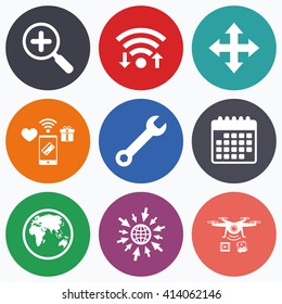 Wifi, mobile payments and drones icons. Magnifier glass and globe search icons. Fullscreen arrows and wrench key repair sign symbols. Calendar symbol.