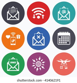 Wifi, mobile payments and drones icons. Mail envelope icons. Message document symbols. Post office letter signs. Delete mail and SMS message. Calendar symbol.