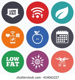 Wifi, mobile payments and drones icons. Low fat arrow icons. Diets and vegetarian food signs. Apple with leaf symbol. Calendar symbol.