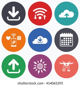 Wifi, mobile payments and drones icons. Download now icon. Upload from cloud symbols. Receive data from a remote storage signs. Calendar symbol.
