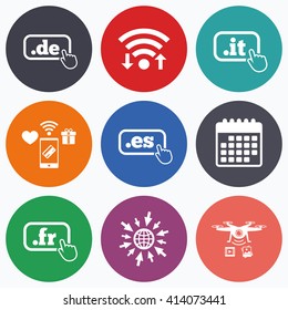 Wifi, mobile payments and drones icons. Top-level internet domain icons. De, It, Es and Fr symbols with hand pointer. Unique national DNS names. Calendar symbol.