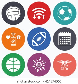 Wifi, mobile payments and drones icons. Sport balls icons. Volleyball, Basketball, Soccer and American football signs. Team sport games. Calendar symbol.