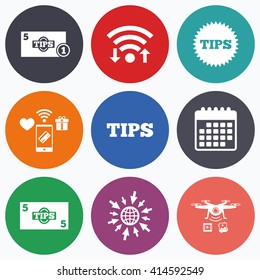 Wifi, mobile payments and drones icons. Tips icons. Cash with coin money symbol. Star sign. Calendar symbol.