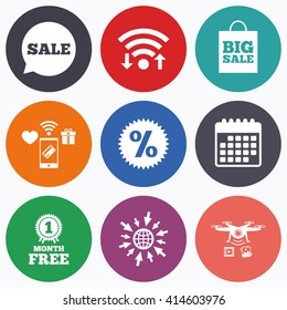 Wifi, mobile payments and drones icons. Sale speech bubble icon. Discount star symbol. Big sale shopping bag sign. First month free medal. Calendar symbol.