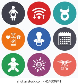 Wifi, mobile payments and drones icons. Maternity icons. Baby infant, pregnancy and dummy signs. Child pacifier symbols. Shirt with heart. Calendar symbol.