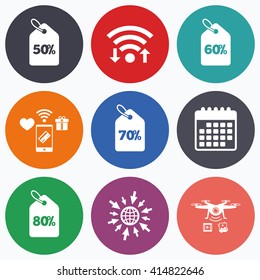 Wifi, mobile payments and drones icons. Sale price tag icons. Discount special offer symbols. 50%, 60%, 70% and 80% percent discount signs. Calendar symbol.