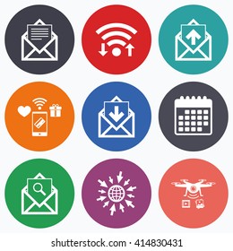 Wifi, mobile payments and drones icons. Mail envelope icons. Find message document symbol. Post office letter signs. Inbox and outbox message icons. Calendar symbol.