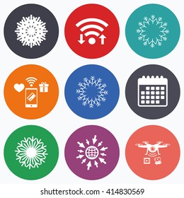 Wifi, mobile payments and drones icons. Snowflakes artistic icons. Air conditioning signs. Christmas and New year winter symbols. Frozen weather. Calendar symbol.