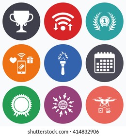 Wifi, mobile payments and drones icons. First place award cup icons. Laurel wreath sign. Torch fire flame symbol. Prize for winner. Calendar symbol.