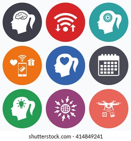 Wifi, mobile payments and drones icons. Head with brain and idea lamp bulb icons. Female woman think symbols. Cogwheel gears signs. Love heart. Calendar symbol.