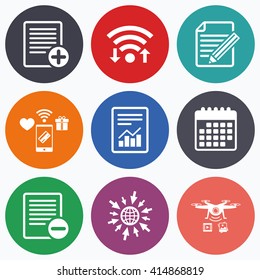 Wifi, mobile payments and drones icons. File document icons. Document with chart or graph symbol. Edit content with pencil sign. Add file. Calendar symbol.