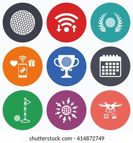 Wifi, mobile payments and drones icons. Golf ball icons. Laurel wreath winner award cup sign. Luxury sport symbol. Calendar symbol.