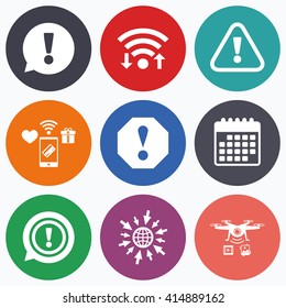 Wifi, mobile payments and drones icons. Attention icons. Exclamation speech bubble symbols. Caution signs. Calendar symbol.