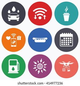 Wifi, mobile payments and drones icons. Petrol or Gas station services icons. Automated car wash signs. Hotdog sandwich and hot coffee cup symbols. Calendar symbol.