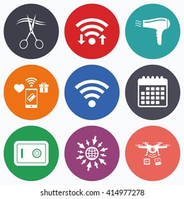 Wifi, mobile payments and drones icons. Hotel services icons. Wi-fi, Hairdryer and deposit lock in room signs. Wireless Network. Hairdresser or barbershop symbol. Calendar symbol.