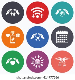 Wifi, mobile payments and drones icons. Hands insurance icons. Human life insurance symbols. Heart health sign. Travel flight symbol. Save world planet. Calendar symbol.