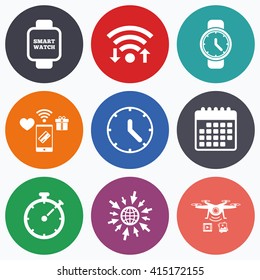 Wifi, mobile payments and drones icons. Smart watch icons. Mechanical clock time, Stopwatch timer symbols. Wrist digital watch sign. Calendar symbol.