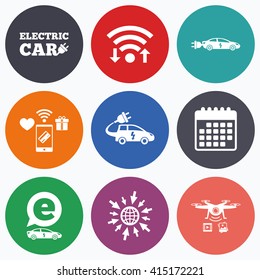 Wifi, mobile payments and drones icons. Electric car icons. Sedan and Hatchback transport symbols. Eco fuel vehicles signs. Calendar symbol.