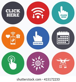 Wifi, mobile payments and drones icons. Click here icons. Hand cursor signs. Press here symbols. Calendar symbol.