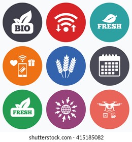 Wifi, mobile payments and drones icons. Natural fresh Bio food icons. Gluten free agricultural sign symbol. Calendar symbol.