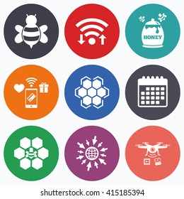 Wifi, mobile payments and drones icons. Honey icon. Honeycomb cells with bees symbol. Sweet natural food signs. Calendar symbol.