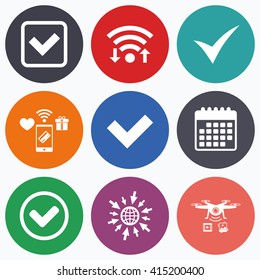 Wifi, mobile payments and drones icons. Check icons. Checkbox confirm circle sign symbols. Calendar symbol.