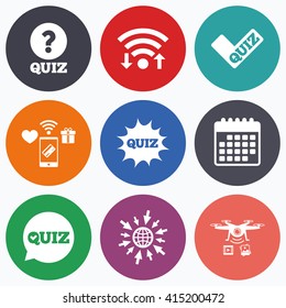 Wifi, mobile payments and drones icons. Quiz icons. Speech bubble with check mark symbol. Explosion boom sign. Calendar symbol.