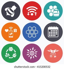 Wifi, mobile payments and drones icons. Honey icon. Honeycomb cells with bees symbol. Sweet natural food signs. Calendar symbol.