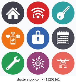 Wifi, mobile payments and drones icons. Home key icon. Wrench service tool symbol. Locker sign. Main page web navigation. Calendar symbol.
