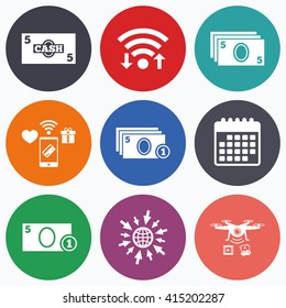 Wifi, mobile payments and drones icons. Businessman case icons. Currency with coins sign symbols. Calendar symbol.