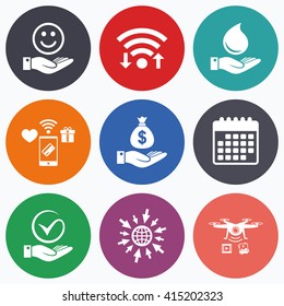 Wifi, mobile payments and drones icons. Smile and hand icon. Water drop and Tick or Check symbol. Palm holds Dollar money bag. Calendar symbol.