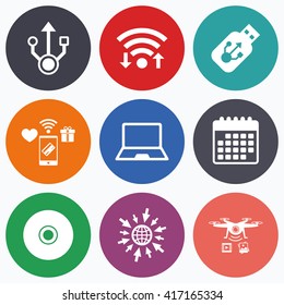 Wifi, mobile payments and drones icons. Usb flash drive icons. Notebook or Laptop pc symbols. CD or DVD sign. Compact disc. Calendar symbol.