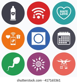 Wifi, mobile payments and drones icons. Safe sex love icons. Condom in package symbol. Sperm sign. Fertilization or insemination. Calendar symbol.