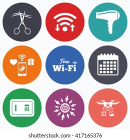 Wifi, mobile payments and drones icons. Hotel services icons. Wi-fi, Hairdryer and deposit lock in room signs. Wireless Network. Hairdresser or barbershop symbol. Calendar symbol.