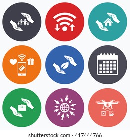 Wifi, mobile payments and drones icons. Hands insurance icons. Human life insurance symbols. Nature leaf protection symbol. House property insurance sign. Calendar symbol.