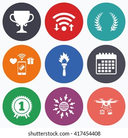 Wifi, mobile payments and drones icons. First place award cup icons. Laurel wreath sign. Torch fire flame symbol. Prize for winner. Calendar symbol.
