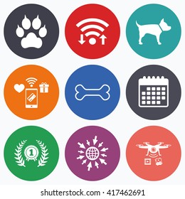 Wifi, mobile payments and drones icons. Pets icons. Cat paw with clutches sign. Winner laurel wreath and medal symbol. Pets food. Calendar symbol.