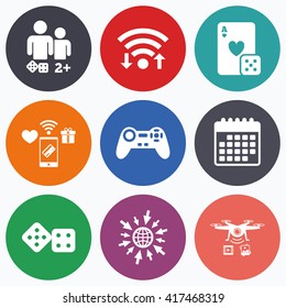 Wifi, mobile payments and drones icons. Gamer icons. Board games players signs. Video game joystick symbol. Casino playing card. Calendar symbol.