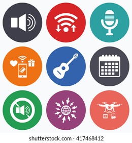 Wifi, mobile payments and drones icons. Musical elements icons. Microphone and Sound speaker symbols. No Sound and acoustic guitar signs. Calendar symbol.