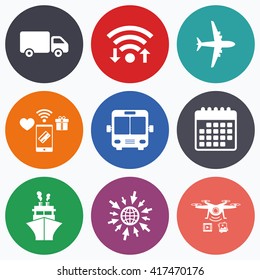 Wifi, mobile payments and drones icons. Transport icons. Truck, Airplane, Public bus and Ship signs. Shipping delivery symbol. Air mail delivery sign. Calendar symbol.