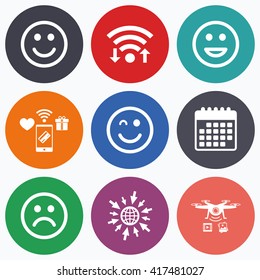 Wifi, mobile payments and drones icons. Smile icons. Happy, sad and wink faces symbol. Laughing lol smiley signs. Calendar symbol.