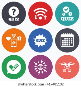 Wifi, mobile payments and drones icons. Quiz icons. Speech bubble with check mark symbol. Explosion boom sign. Calendar symbol.