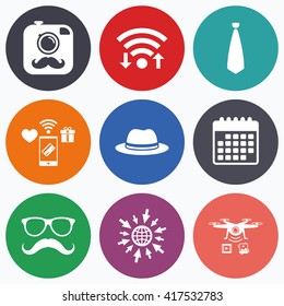 Wifi, mobile payments and drones icons. Hipster photo camera with mustache icon. Glasses and tie symbols. Classic hat headdress sign. Calendar symbol.