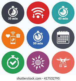 Wifi, mobile payments and drones icons. Timer icons. 35, 45 and 50 minutes stopwatch symbols. Check or Tick mark. Calendar symbol.