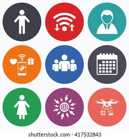 Wifi, mobile payments and drones icons. Businessman person icon. Group of people symbol. Man and Woman signs. Calendar symbol.