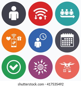 Wifi, mobile payments and drones icons. Queue icon. Person waiting sign. Check or Tick and time clock symbols. Calendar symbol.