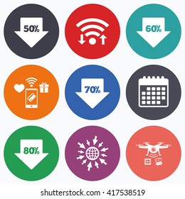 Wifi, mobile payments and drones icons. Sale arrow tag icons. Discount special offer symbols. 50%, 60%, 70% and 80% percent discount signs. Calendar symbol.
