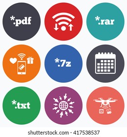 Wifi, mobile payments and drones icons. Document icons. File extensions symbols. PDF, RAR, 7z and TXT signs. Calendar symbol.