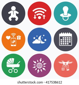 Wifi, mobile payments and drones icons. Moon and stars symbol. Baby infants icon. Buggy and dummy signs. Child pacifier and pram stroller. Calendar symbol.