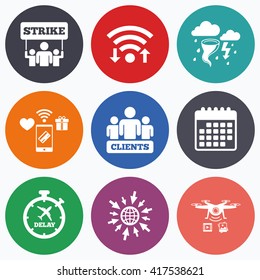 Wifi, mobile payments and drones icons. Strike icon. Storm bad weather and group of people signs. Delayed flight symbol. Calendar symbol.